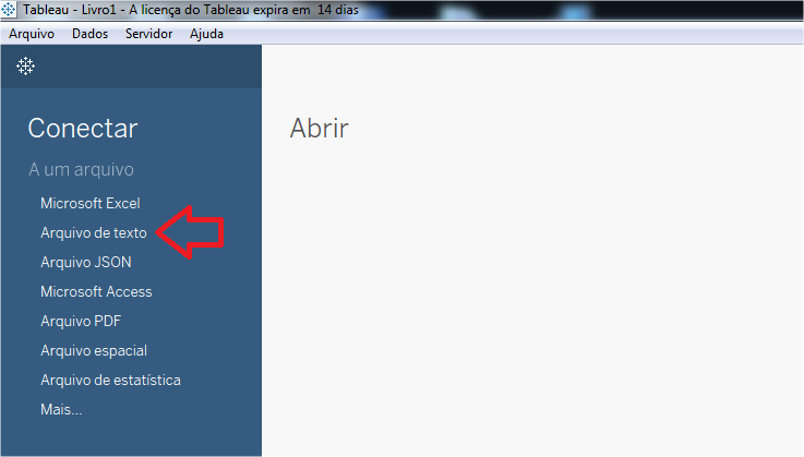 No Tableau, clique na opção Arquivo de texto, a partir da tela Conectar a um arquivo