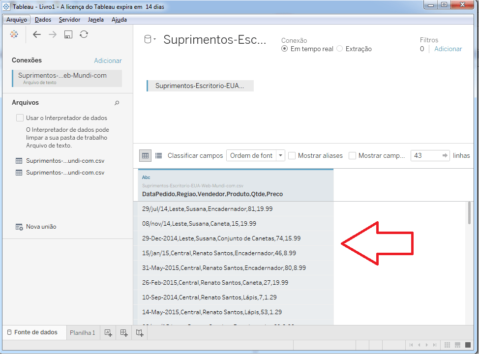 Tableau não carrega arquivo CSV Corretamente