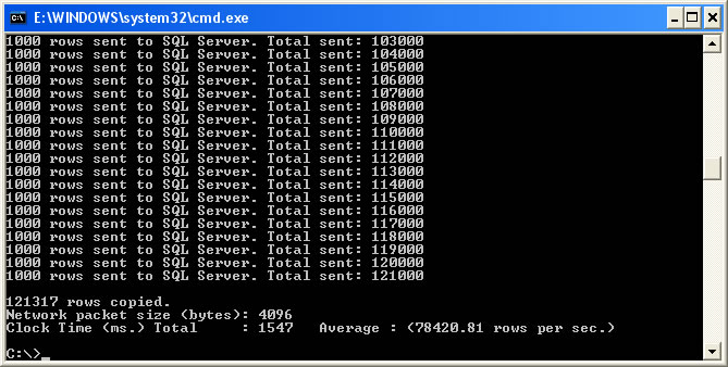 Exemplo da execução do BCP no SQL Server via Prompt de Comando do Windows