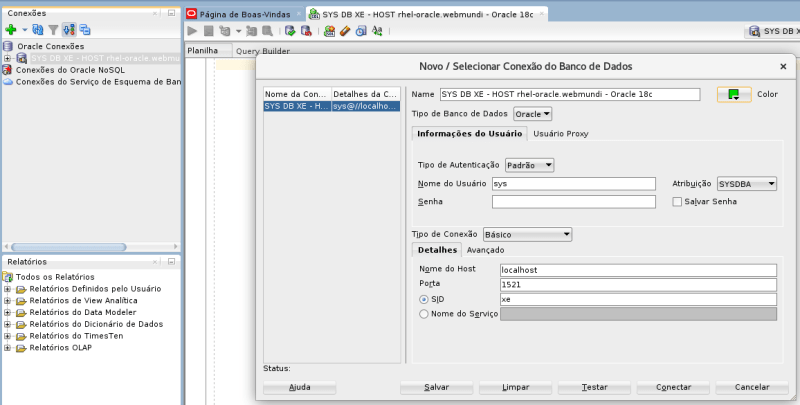 Janela para configuração da conexão com o banco de dados Oracle no SQL Developer - webmundi.com