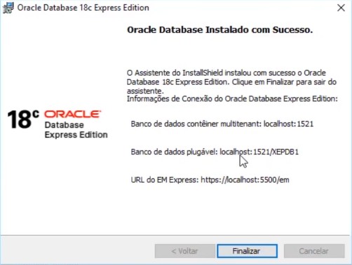 Fim da instalação Oracle 18 c Windows