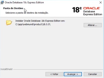 A pasta destino é o caminho inicial do Oracle onde os binários do banco de dados Oracle para esta instalação são colocados. 