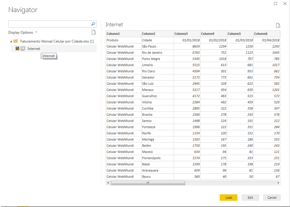 Janela Navigator do Power BI