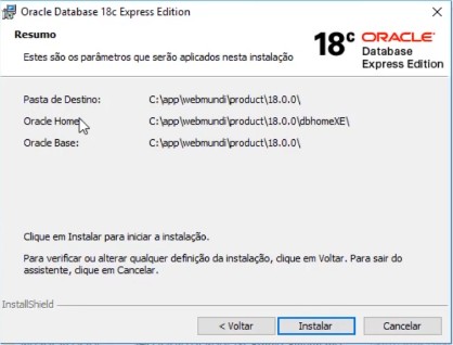 Resumo da instalação Oracle 18c XE