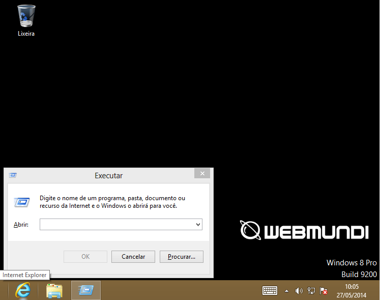 Acessando a opção executar para execução de Run commands no Windows 8 através do atalho de teclado Windows + R