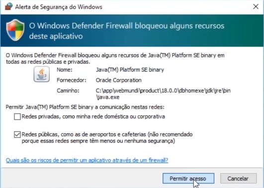 caso apareça uma tela do Windows Defender Firewall,  clique no botão permitir