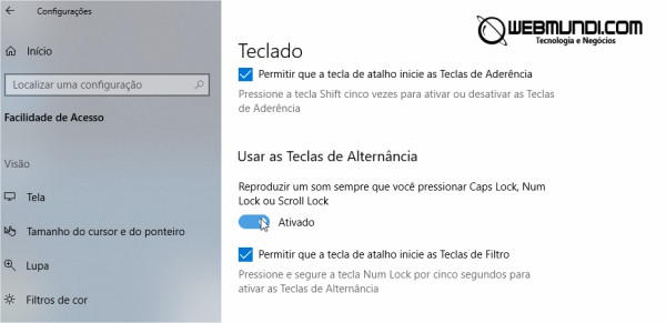 Bip sonoro no Windows 10 ao ligar as teclas Caps Lock, Num Lock e Scroll Lock